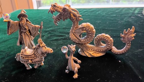 Lot of 4 Vintage Dragon Theme Pewter Figurines Merlin Dragon Egg w/ Jewels As Is