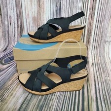 Image of Clarks Un Capri Step Womens Wedge Sandals Size 9.5 Med Black Nubuck Leather New