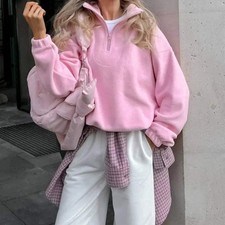 Original Pink Winter Lamb Fleece Hoodie Women Zipper Lapel Pullover            