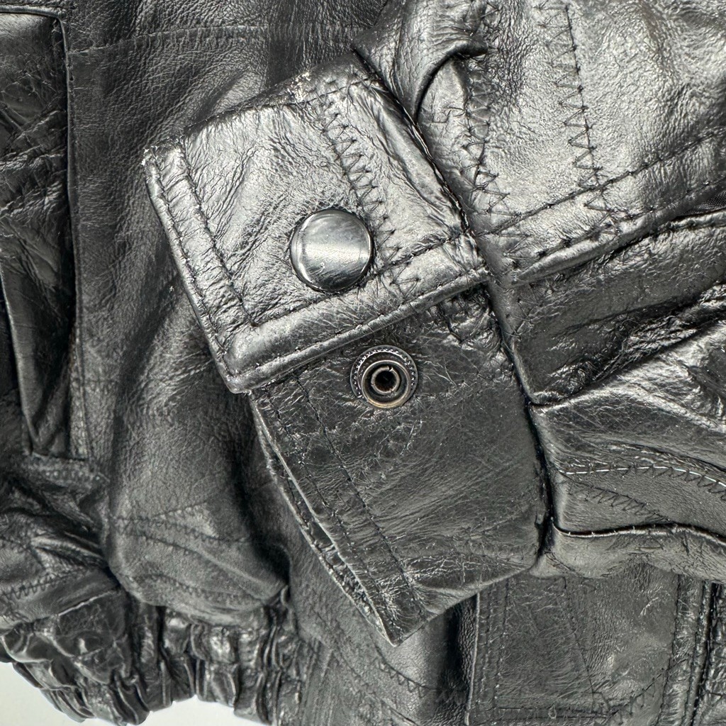 Black Genuine Leather Patchwork Bomber Jacket Vin… - image 4