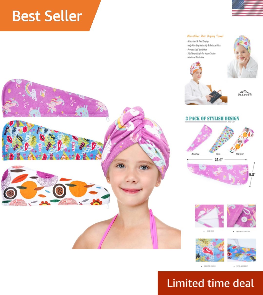 S For Kids, 3 Pack Wet Hair Towel Wrap Turban For...