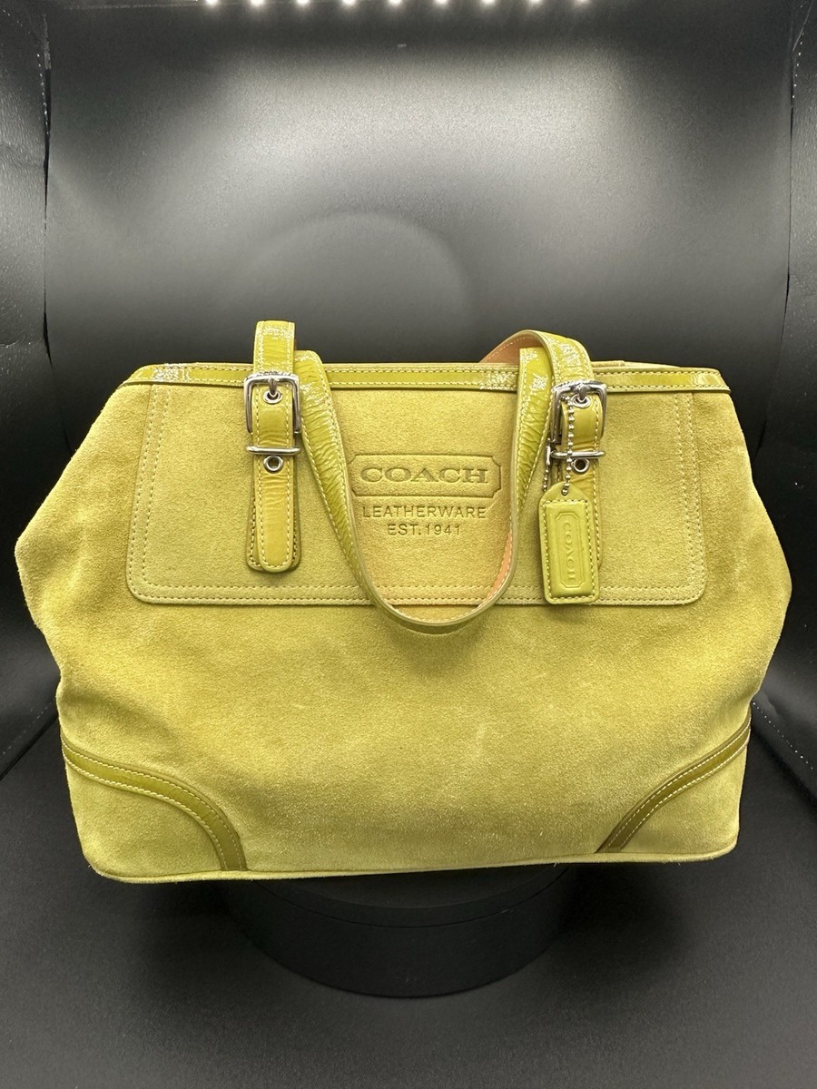 Coach Suede Tote Bag Chartreuse Lime Green Leather Trim Large 