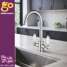 Traditional Chrome Kitchen Tap Sink Swivel Arc Spout Twin Mixer Lever Handles