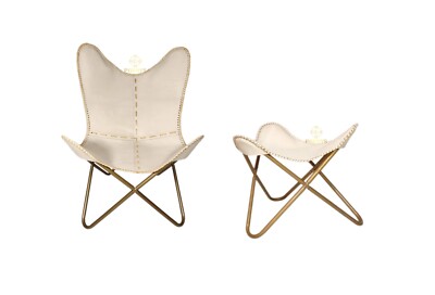 Lounge Chair Mit Ottoman Echtes Leder Eisenbeine Klappbar Creme