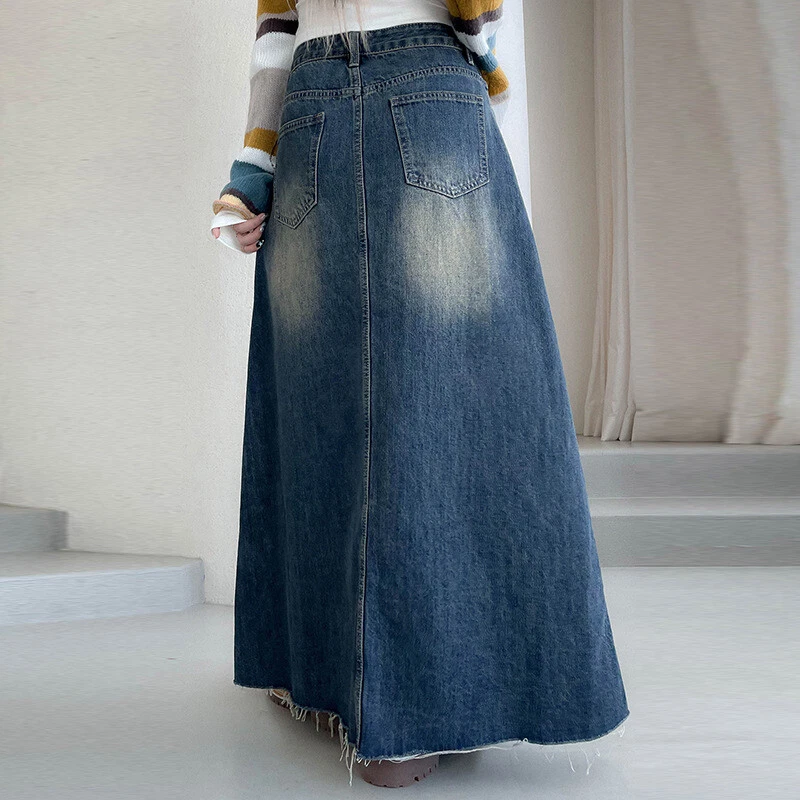 Ladies Long Denim Skirt Washed Frayed Hem Maxi High Waist A-Line Jean Skirt