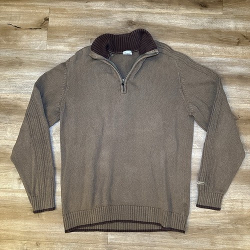 Columbia Sweater Mens Large Brown 1/4 Zip Mock Neck Cable Knit Soft Cotton