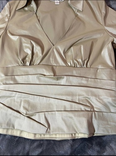 Chetta B TAN Shiny Silky BLOUSE with Cinched Waist and Dramatic Long Sleeve S-12 - Picture 2 of 11