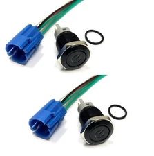 2pc Black 16mm 12V BLUE Power symbol LED on/off Push button switch w/socket plug