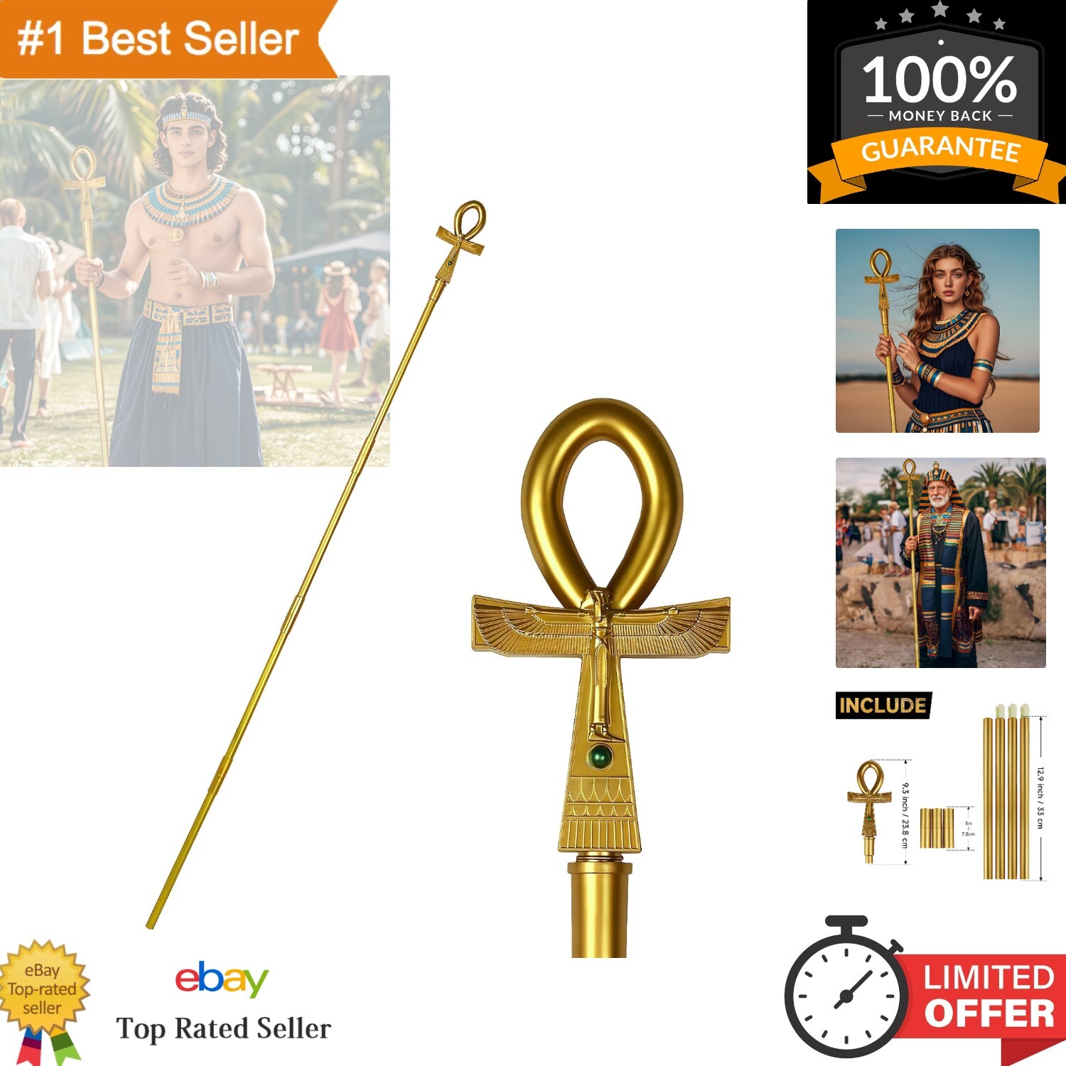 64in Adjustable Wizard Staff & Egyptian Scepter - Perfect for Costume Parties