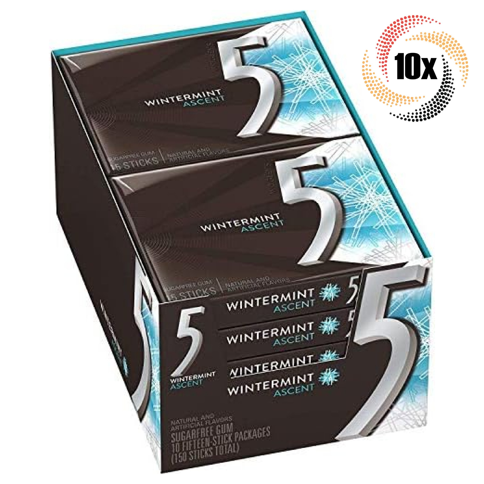Полная коробка, 10 упаковок | 5 жевательных резинок Wintermint Ascent | 15 палочек в упаковке | Без сахара
