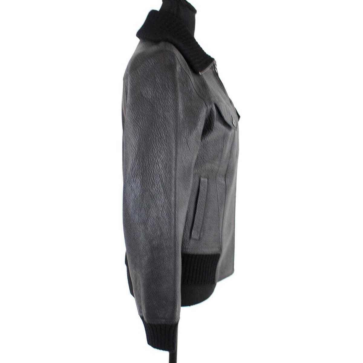 HERMES ジャケット Hermes Black Pebbled Bison Leather Zip Moto Jacket 38 Wool Knit