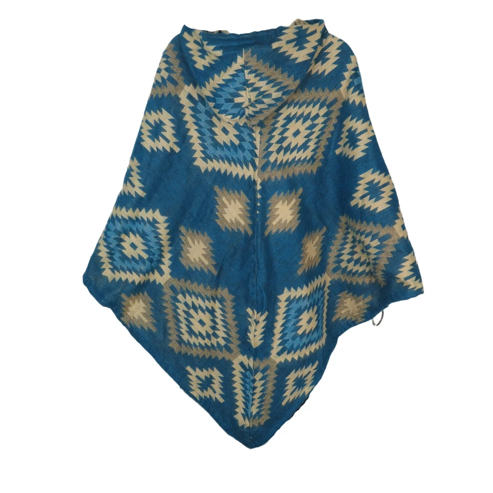 Poncho|2 Botones| Capucha con Cordón+Bolsillo|Boho|Azteca|Mezcla de Lana Yak|1 Talla| Aqua Foto 3 de 4