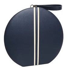 Vintage MCM Hat Box Round Blue & White Keene PKG Associates Carry Case Bag 13"