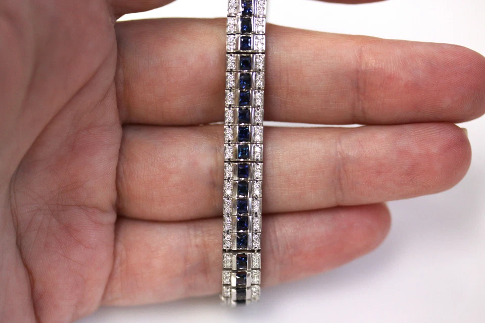 Brazalete de oro blanco sólido de 14 k con zafiro princesa azul natural de 6,5 quilates Foto 2 de 4