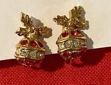 Vintage AVON Earrings  Gold Tone Christmas Ornament  Clip On  Red Rhinestone