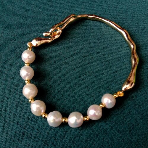 8" Cultured White Pearl Bracelet Natural Pearl Gold Plated Bangle Bracelet - Picture 6 of 6