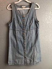 Vintage Cherokee Dress M Blue Jean Denim Sleeveless Jumper Button Down Boho Y2K