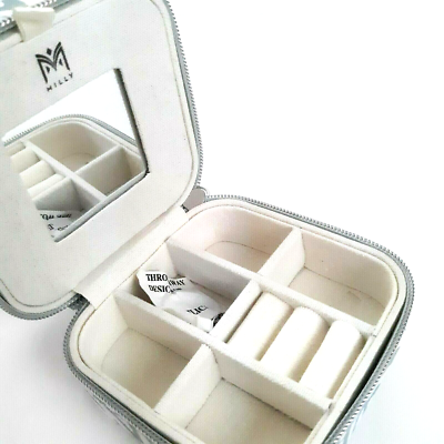 Milly Travel Jewelry Box Case Zip Around Faux Leather Blue White