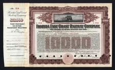 1911  Florida East Coast Railroad - $10,000 Bond -  RARE Stock Certificate