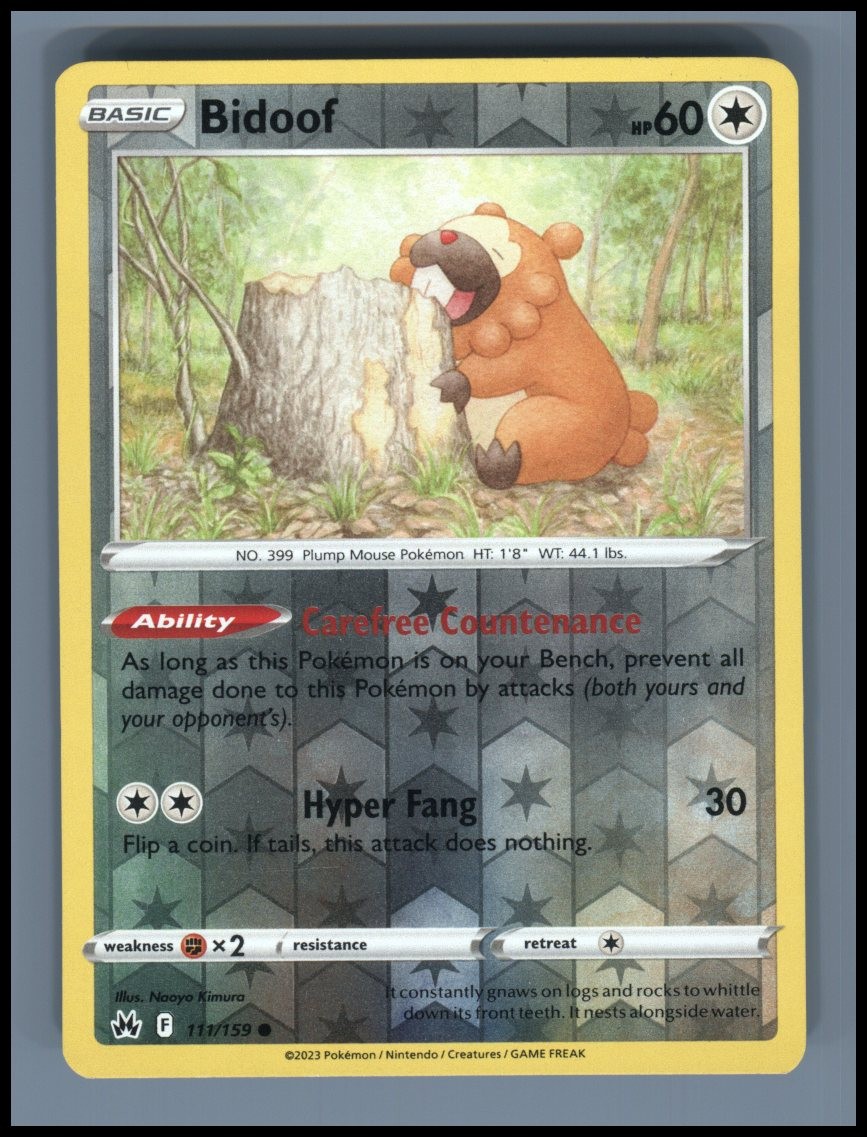 Bidoof 111/159 Common Crown Zenith Pokemon Reverse Holo Near Mint