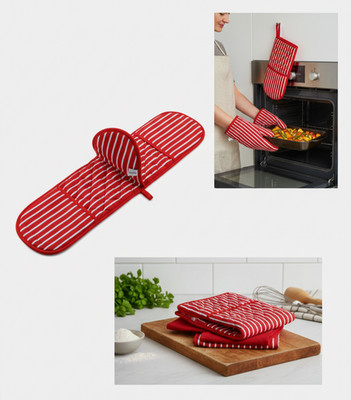 Ferossa Red & White Striped Double Oven Glove - Heavy Duty Cotton Heat Resistant