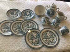 PUNCH  JUDY Staffordshire Childs Toy 13 Pc Tea Set Allerton England 1880 Blue