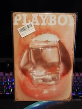 Play Boy Lips, Metal Wall Sign, 12 x 8 In. Vintage Style, Adult Decor, Man Cave 