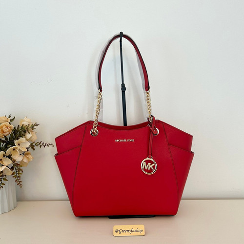 Michael Kors Purse jet set travel large chain tote shoulder bag bright red MK