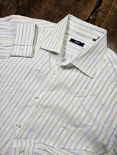 Hugo Boss Sz 17 34/35 White Blue Striped Button Up Mens Dress Shirt