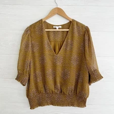DR2 - Brown short sleeve chiffon smocked v-neck top, XL