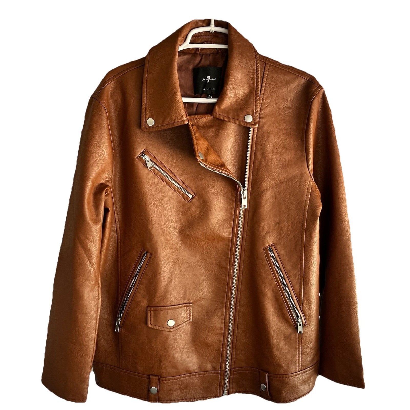 7 For All Mankind Brown Faux Leather Moto Jacket Asymmetrical Women’s Medium