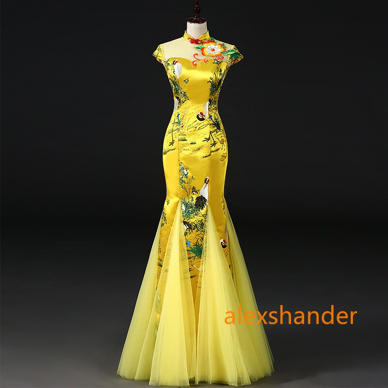 Chinese Style Cheongsam Evening Dress Women Fishtail Long Dress Costumes Gown