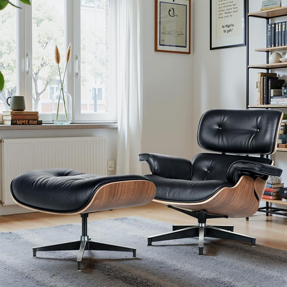 Mid Century Lounge Chair & Ottoman Black Leather Walnut Fit 