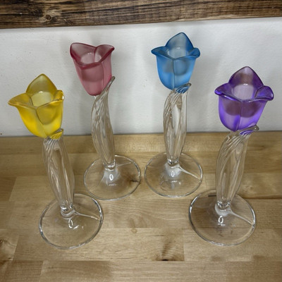 Unmarked Set of 4 Glass Tulip Flower Taper Candle Holders 