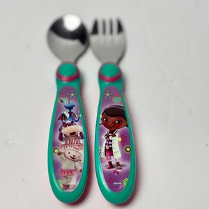 Disney Doc McStuffins Toddler Fork and Spoon Set Teal Pink Stainless Steel