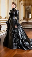 Black Shiny Victorian Prom Dresses High Neck Bustle Corset Lace-up Walk Tea Gown