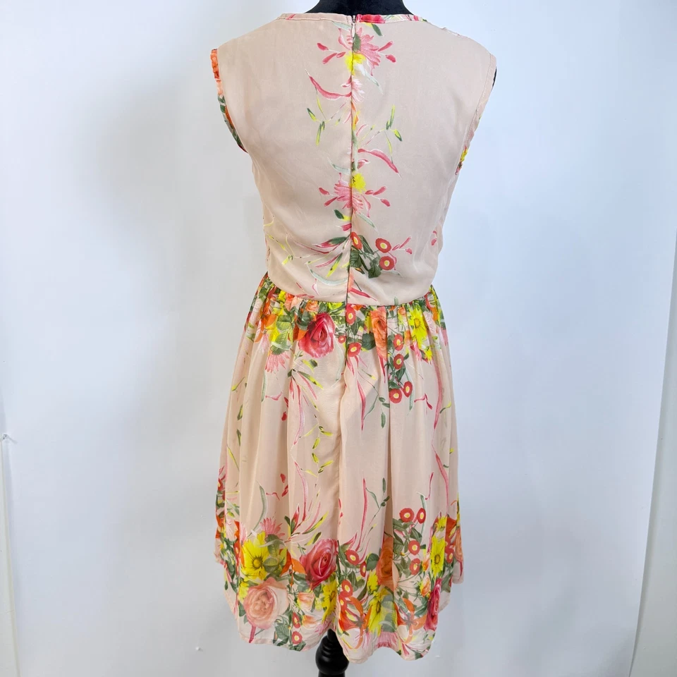 Floral Chiffon Fit and Flare Dress Size Small? Peach Sheer Details Feminine Y2K - Image 3 of 4