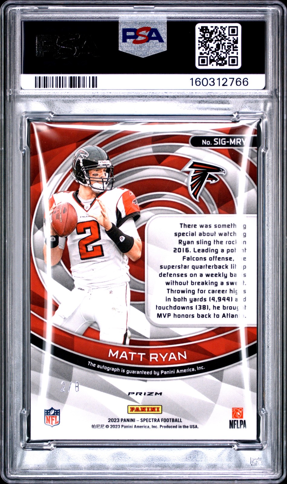 2023 Panini Spectra Matt Ryan Sig Neon Splatter Splatter Neon PSA 8 #/8 view 2