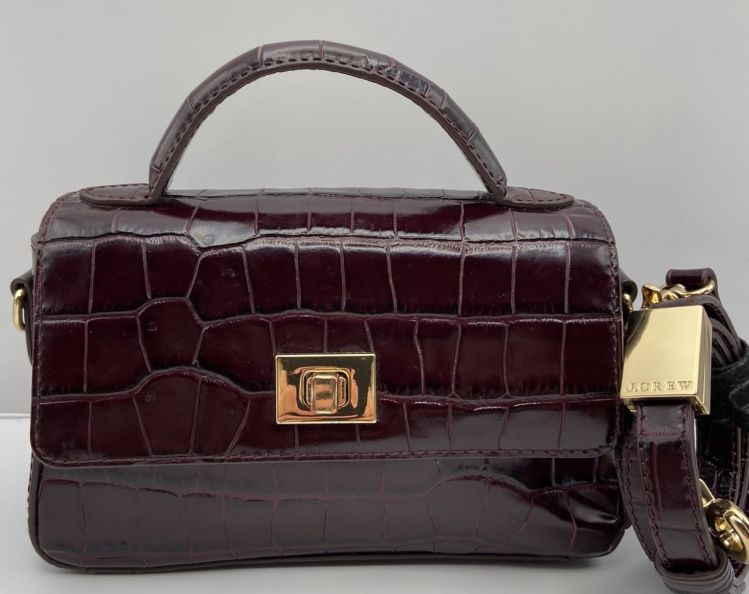J Crew Croc Embossed Leather Top Handle Satchel Burgundy Turn Lock Crossbody