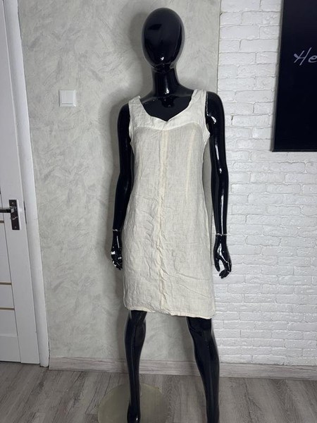 Women New Vintage Dress Beige Linen 38 / M / 46