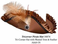 Womens Taupe Brown Pirate Tri-Corner Hat w/Pleated Trim, Black Jewel