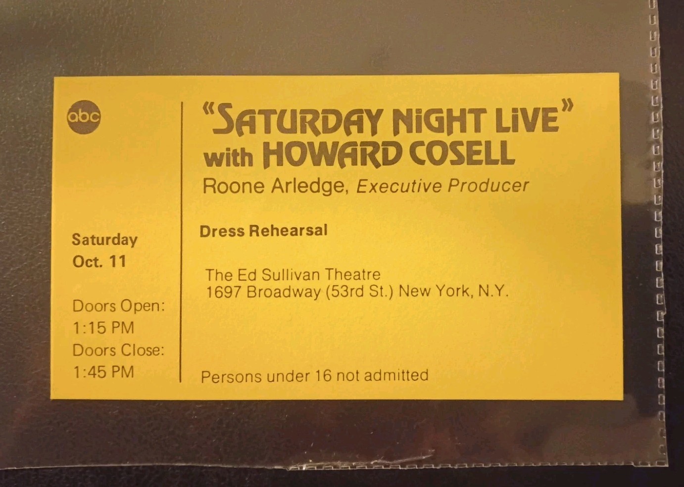 Saturday Night Live With Howard Cosell - Dress Rehearsal TV Ticket - RARE - 1976
