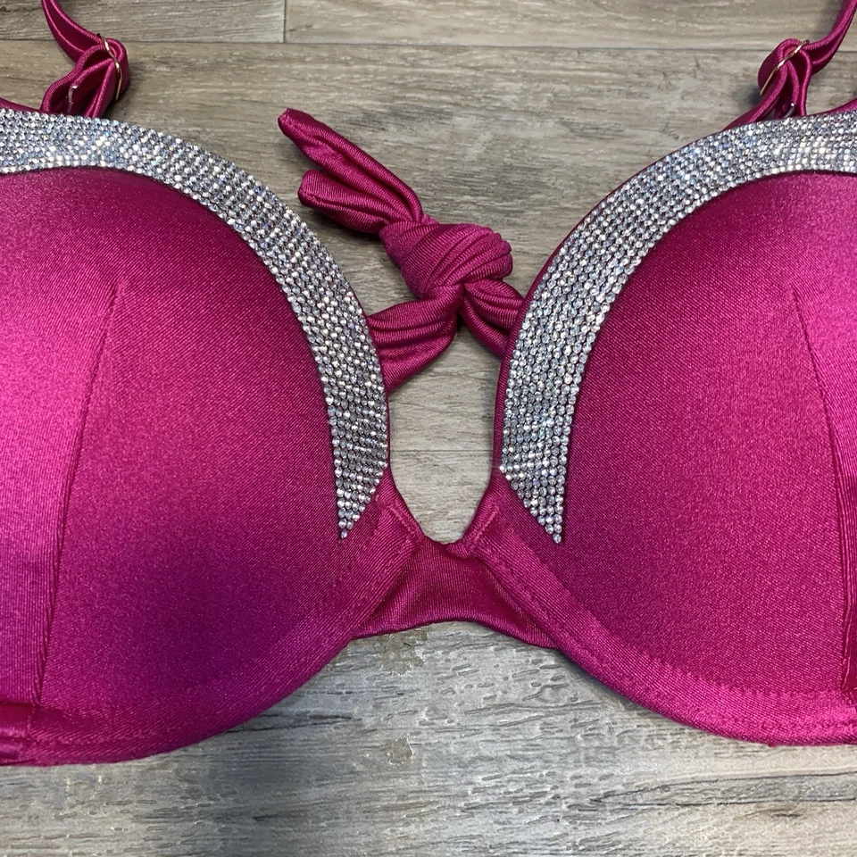 Victoria Secret Satin Rhinestone Sequin Push Up Bikini Swim Top Pink Silver 34 A - Image 3 of 4