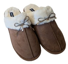 EUC Nautica Womens Slippers Sz 9-10 Brown Slip On House Shoes Fuzzy Fur Comfort