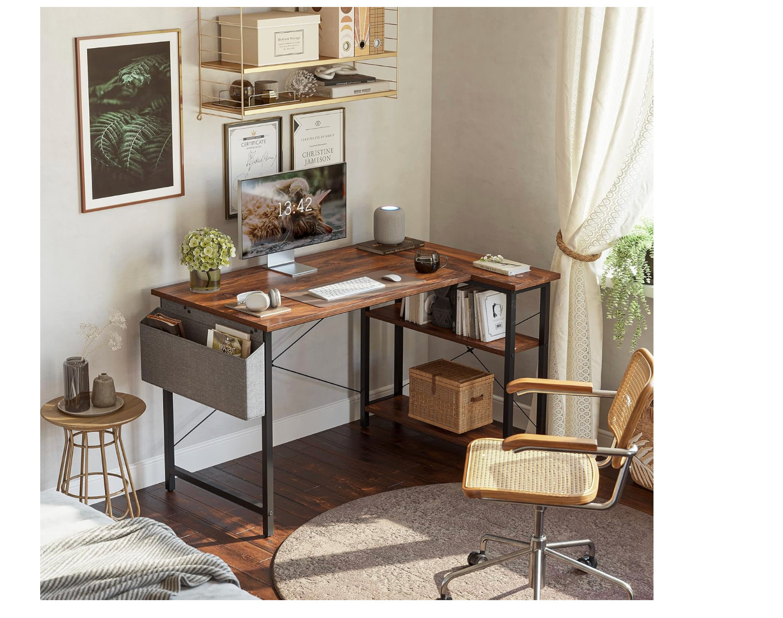 CubiCubi 47" L Shaped Corner Desk w/ Storage Shelves Home Office Rustic Brown