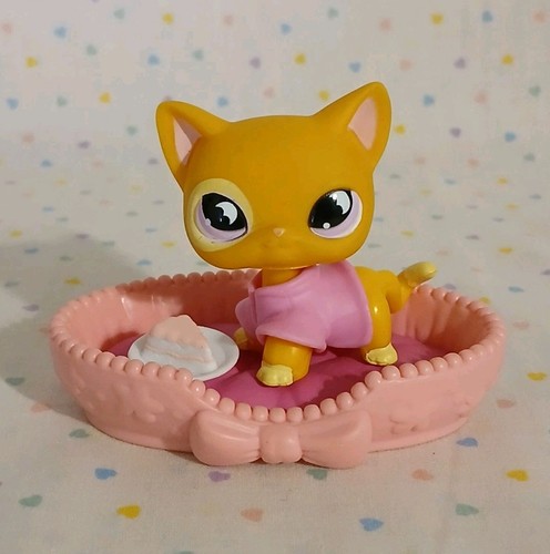 Hasbro Littlest Pet Shop LPS orange gelb Katze Spielzeug Figur #855 und rosa Jacke - Bild 1 von 12