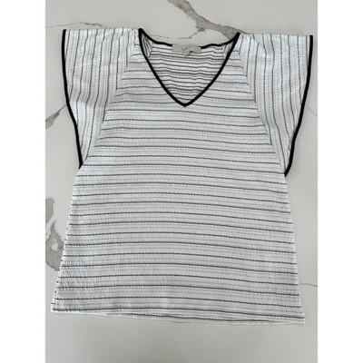 Loft Womens Striped Flutter Sleeve V-Neck Blouse White Black Textured Top Large
