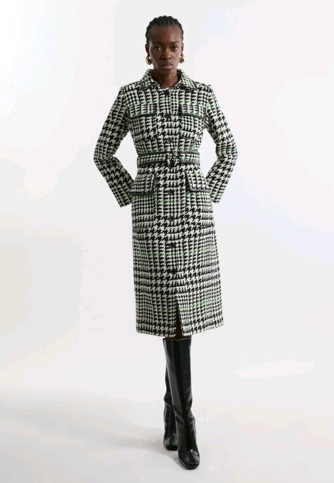 Karen Millen Houndstooth Check Pocket Belted Pu Tailored Midi Coat UK12 RRP£389 - Image 2 of 4