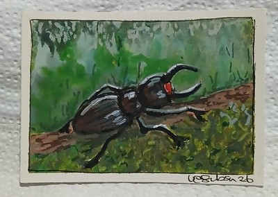 Naïve Outsider Stag Beetle on Forest Branch   OOAK ACEO Watercolor by Virginia