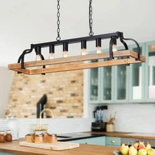 6-Light Metal Pot Hanging Rack Chandelier Imitation Light Wood Grain Linear P...